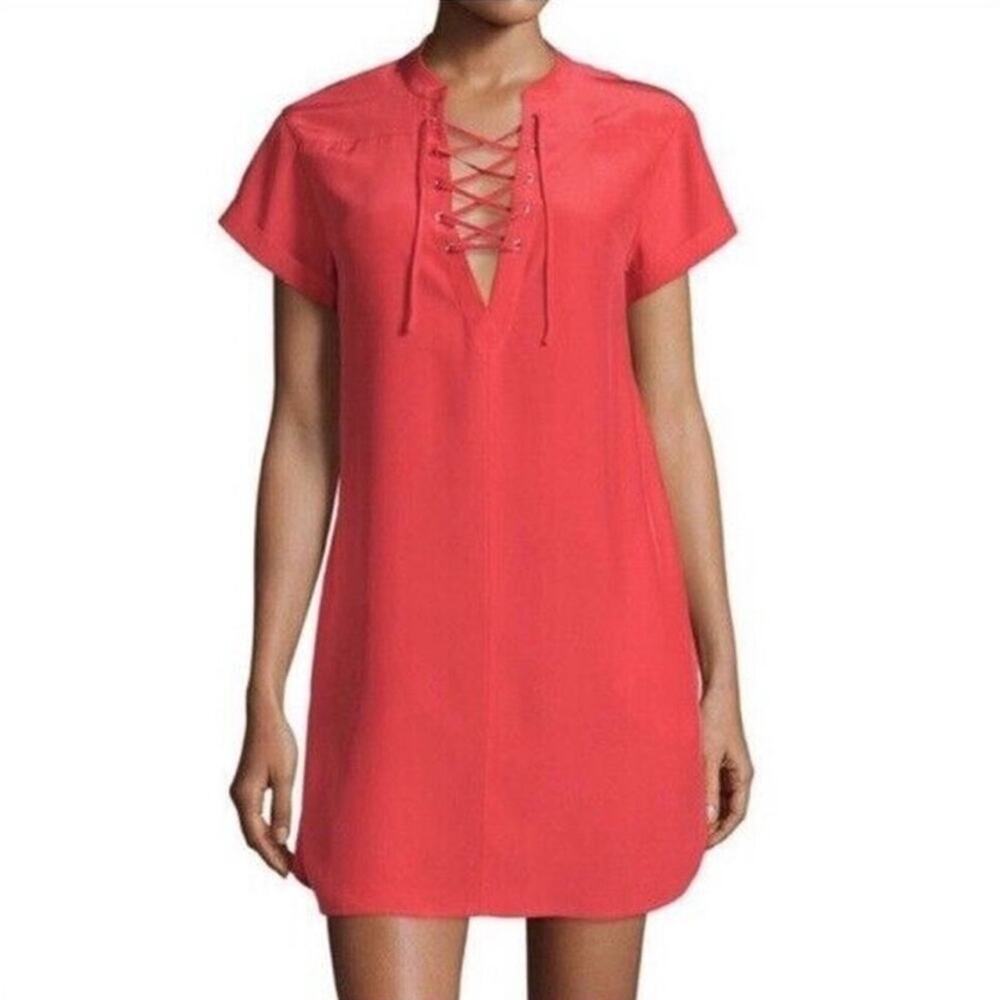 Frame Denim | 100% Silk Lace-Up Mini Shift Dress Blood Orange Red XS